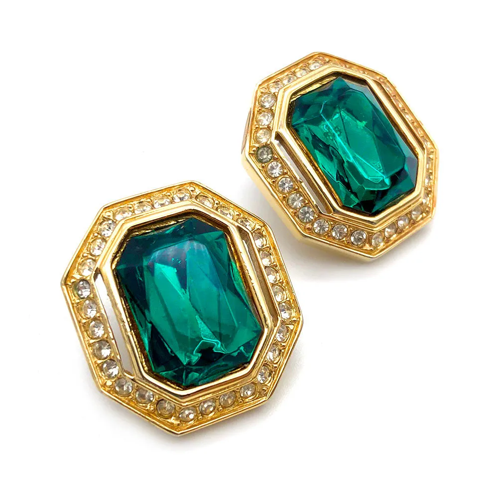 【カナダ輸入】ヴィンテージ エメラルドグリーン ラインストーン オクタゴン ピアス/Vintage Emerald Rhinestones Octagon Post Earrings