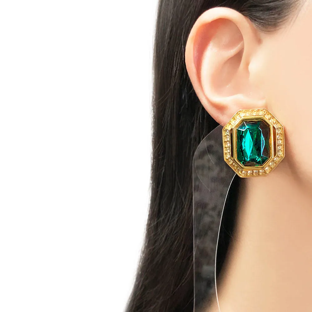 【カナダ輸入】ヴィンテージ エメラルドグリーン ラインストーン オクタゴン ピアス/Vintage Emerald Rhinestones Octagon Post Earrings